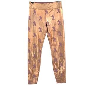 Y2K Disney Mickey Mouse Metallic Leggings Sz S Rose Gold Festival Twee Shiny